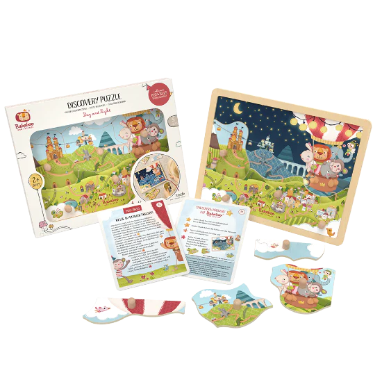 Hand - Made Wooden Building Blocks with a Transportation - Themed CollectionDay and Night Discovery Puzzle