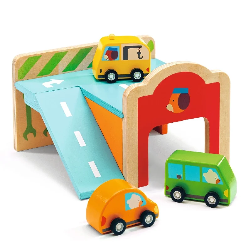 N - Scale Model Train Layout with a City - Themed Background and Animated FiguresDjeco Wooden Mini Garage N - Scale Model Train Layout with a City - Themed Background and Animated FiguresDjeco Wooden Mini Garage