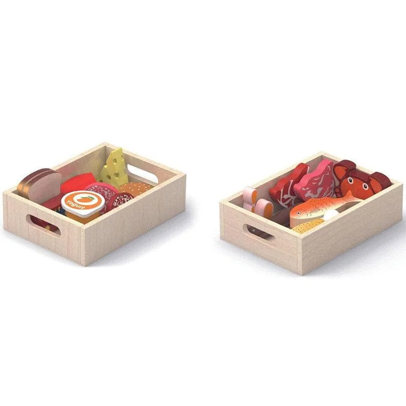 Natural Finish Wooden Pull - Along Wagon for Outdoor Toy Transport and PlayFridge Food Set Natural Finish Wooden Pull - Along Wagon for Outdoor Toy Transport and PlayFridge Food Set