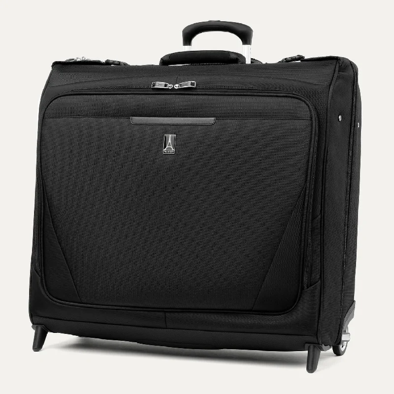 Soft-sided travel carry-on bag with a built-in charger for long journeysMaxlite® Checked Rolling Garment Bag