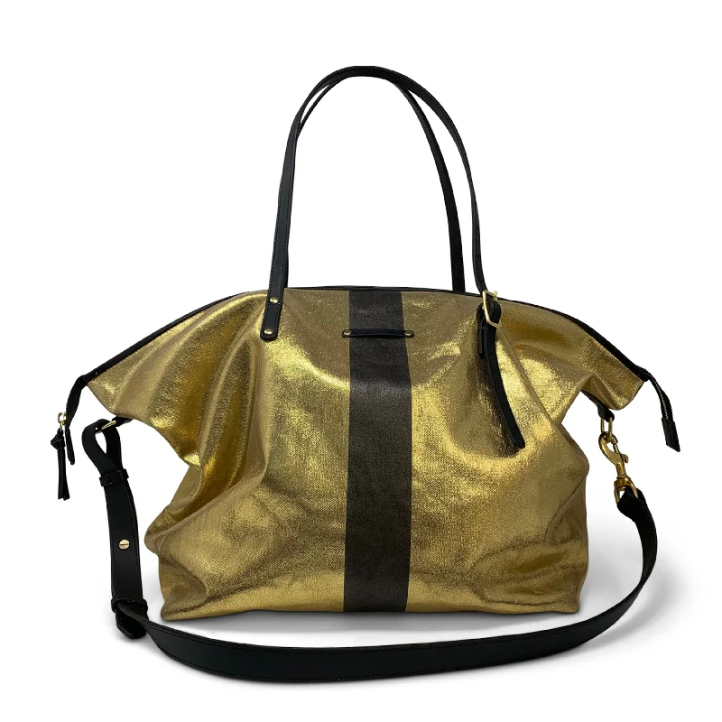 Convertible travel backpack to duffel bag for versatile useMetallic Canvas Black Stripe Crossbody - Gold/black