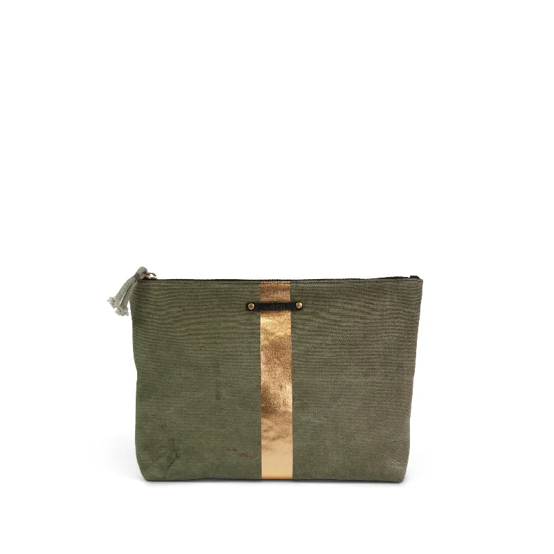 Insulated travel cooler bag for keeping food and drinks freshWashed Olive and Gold Striped Pouch