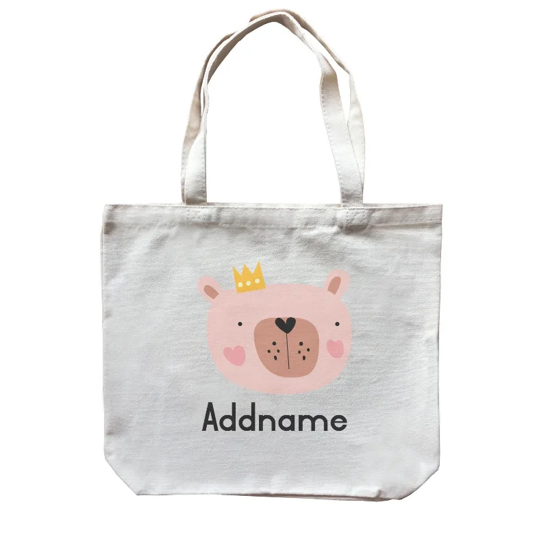 Canvas Beach Bag with Mesh Pockets for Sand - Free DryingCrown Animal Pink Bear with Heart Blush Addname Canvas Bag