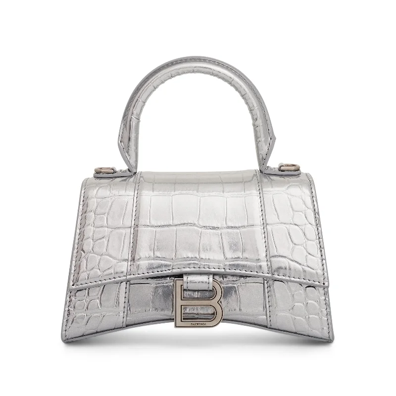 Hourglass XS Croco Embossed Bag in Silver