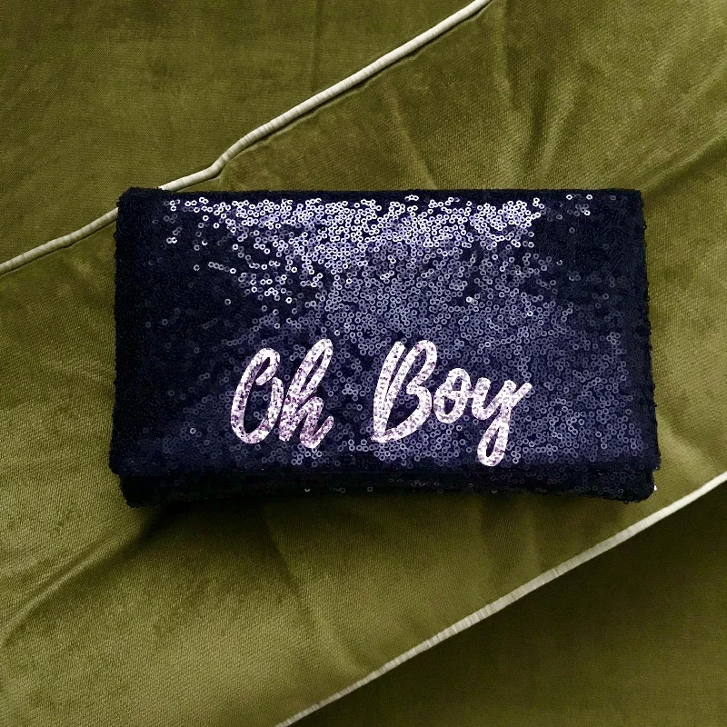 Leather Clutch with Chain Strap in Black for Cocktail PartiesBlack or navy SLOGAN sequin clutch handbag