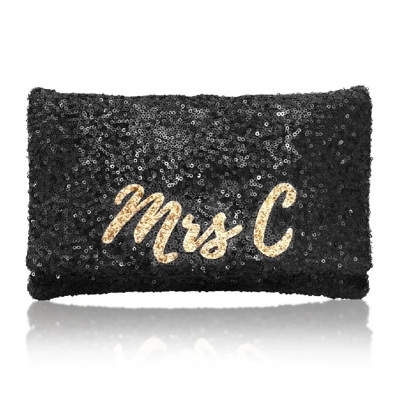 Mirrored Clutch in Silver for Futuristic - Themed GatheringsBlack sequin personalised MRS initial clutch