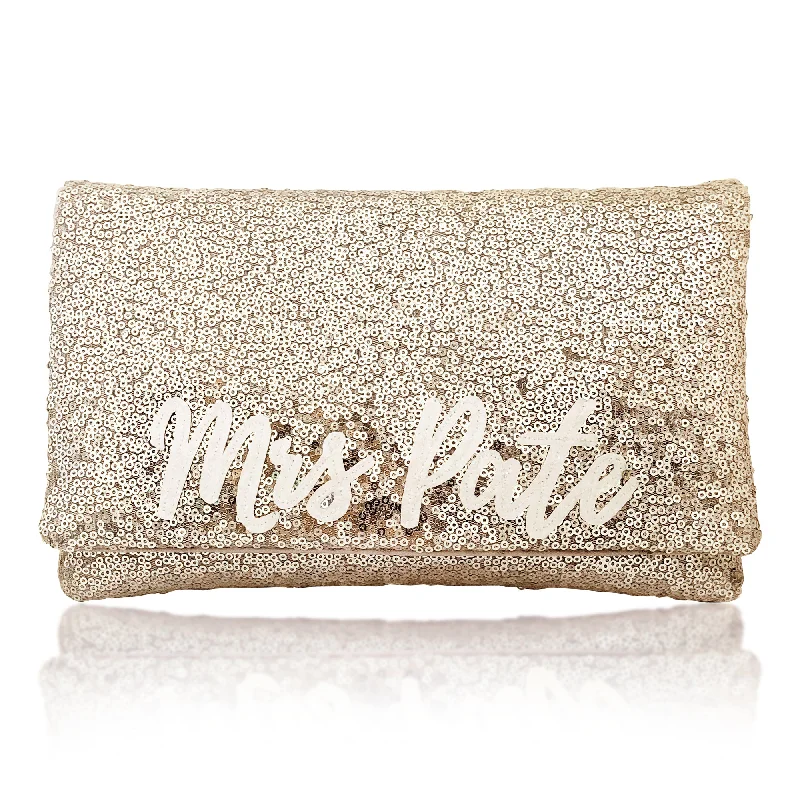 Leather Clutch with Chain Strap in Black for Cocktail PartiesChampagne sequin personalised MRS surname clutch