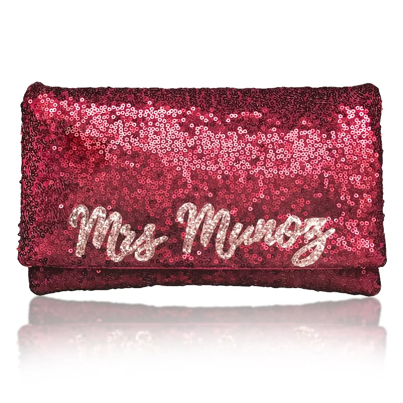 Women's Studded Leather Evening Bag in Black for Rock - n - Roll NightsDark red sequin personalised MRS surname clutch