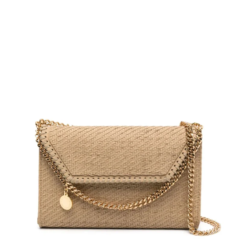 Leather Clutch with Chain Strap in Black for Cocktail PartiesFalabella WOC Woven Suede, Light Camel