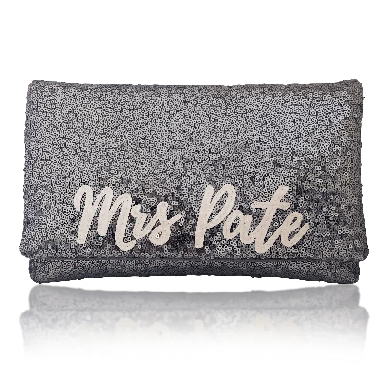 Women's Metallic Leather Clutch in Rose Gold for Valentine's DateGunmetal grey sequin personalised MRS surname clutch