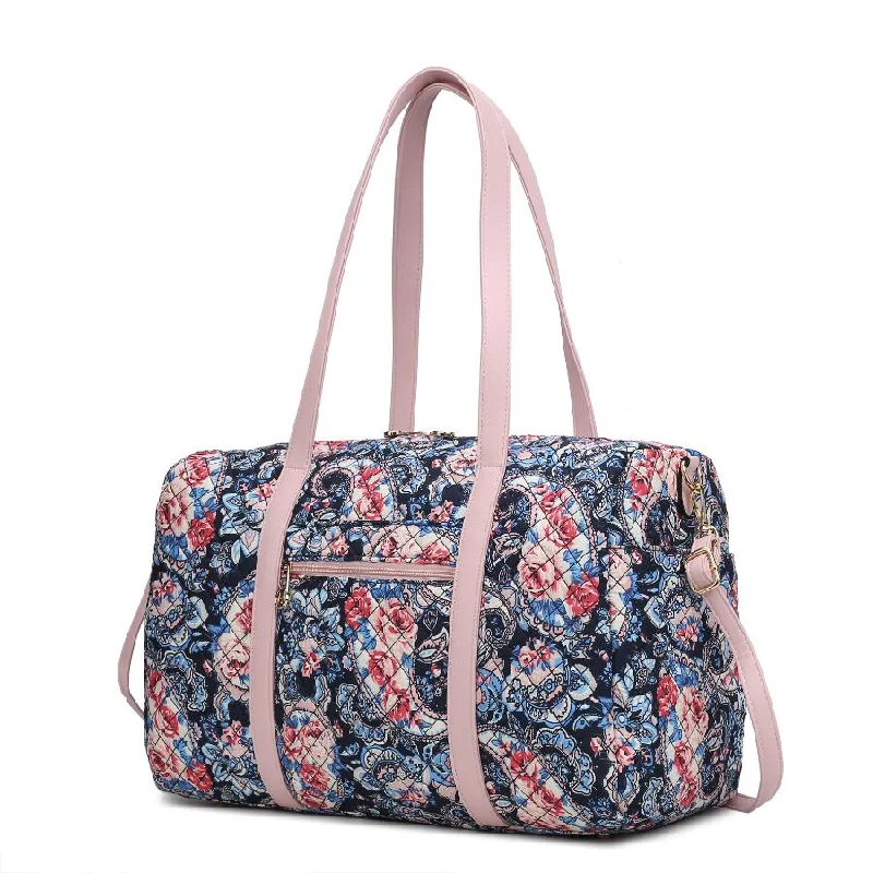 Duffel Bag with a Removable Toiletry Bag in Blue for Streamlined TravelKhelani Quilted Cotton Botanical Pattern Women’s Duffle Bag