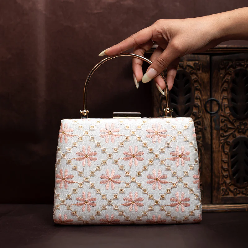 Lace - Trimmed Satin Clutch in Ivory for Garden WeddingsWhite and Pink Floral Embroidery Clutch