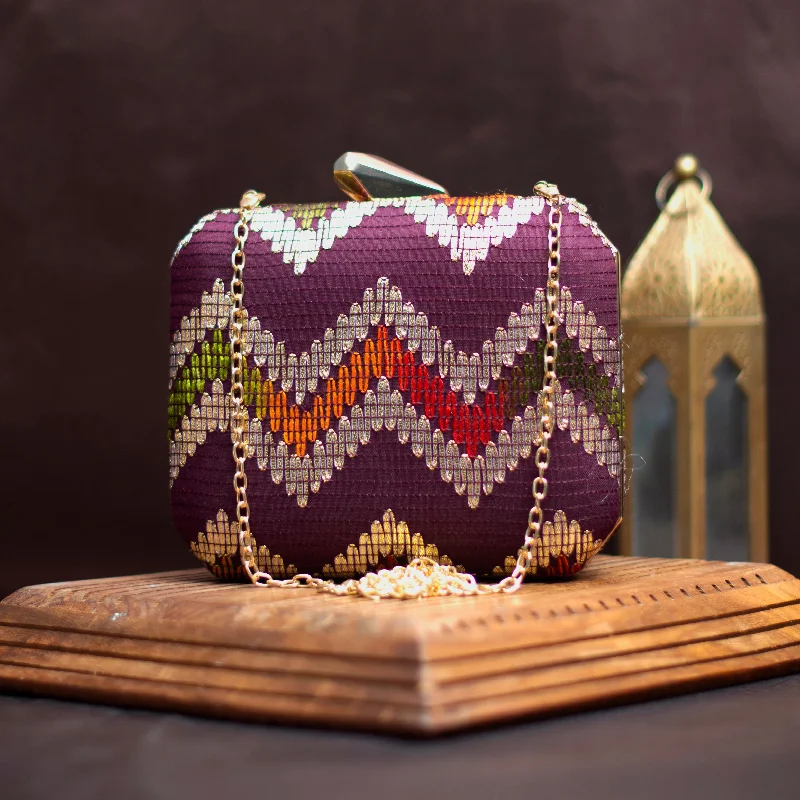 Geometric - Patterned PVC Evening Bag in Multicolor for Trendy Nights OutWine Multicolour Zigzag Embroidery Clutch